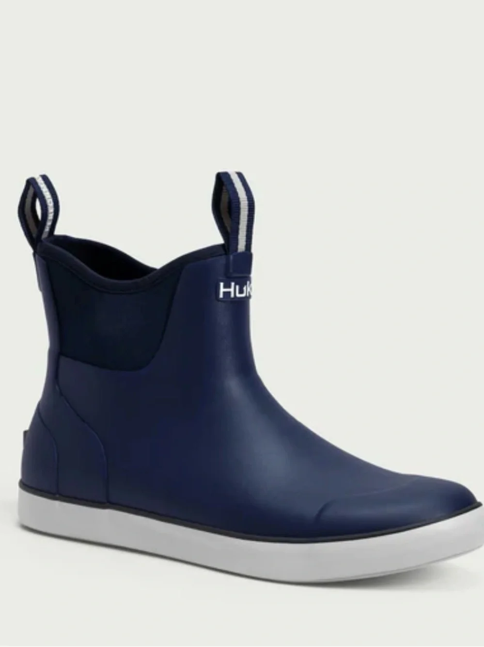 Huk Men's Navy Low-Cut Waterproof Rain Boot with White Sole